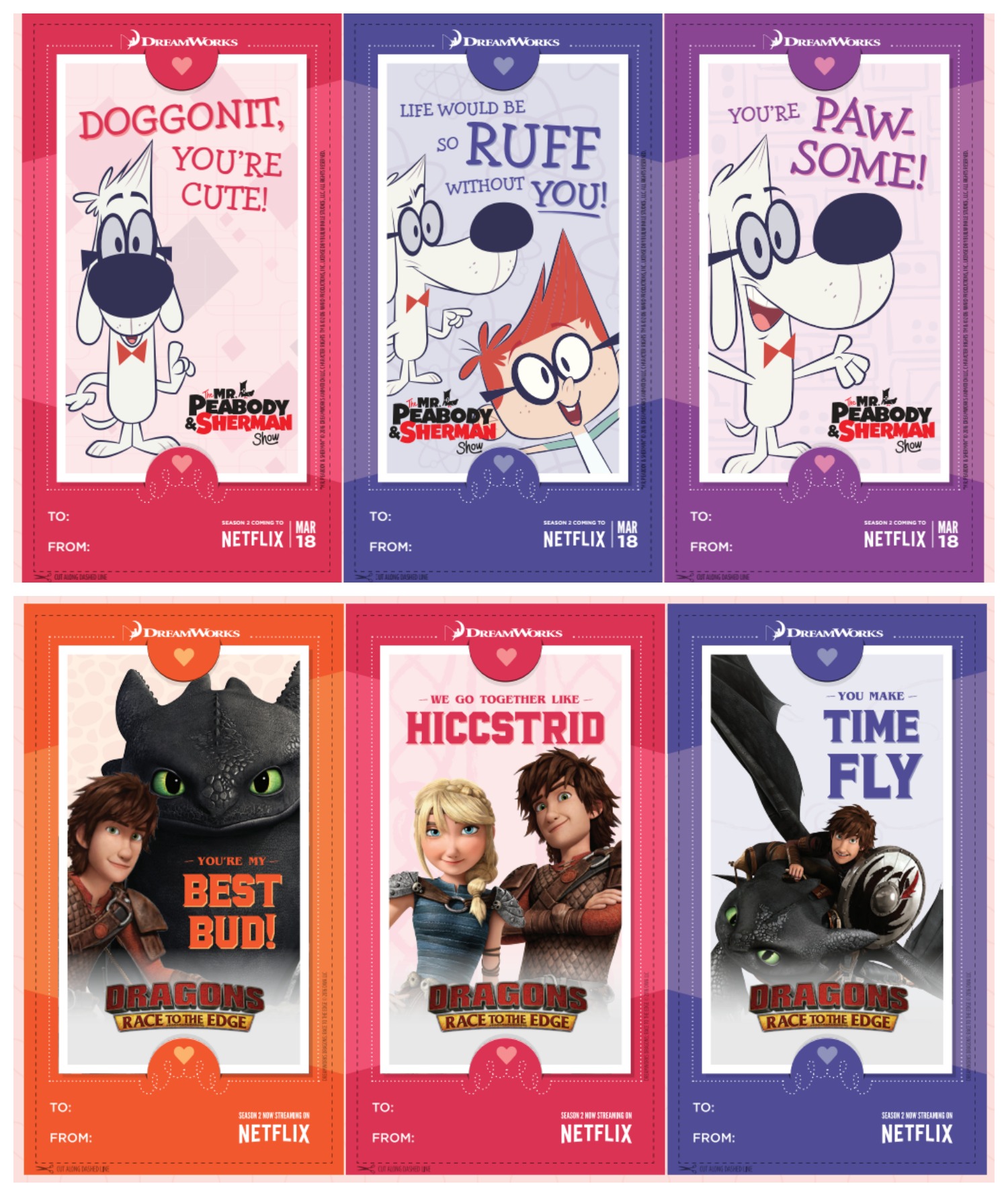 Printable Valentine's from DreamWorks: Dinotrux, The Mr. Peabody & Sherman Show and Dragons: Race to the Edge 3